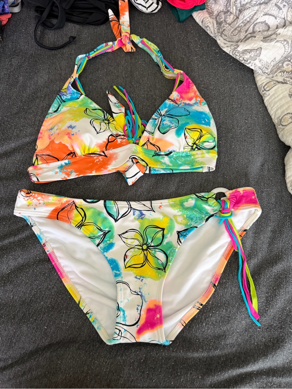 Gossip Girl Neon Floral Halter Bikini - Orange, Pink, Yellow, Green, Blue